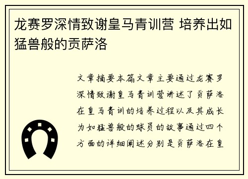 龙赛罗深情致谢皇马青训营 培养出如猛兽般的贡萨洛